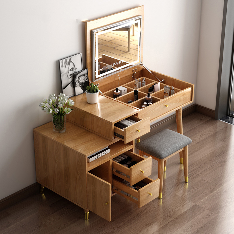 Mẫu bàn trang điểm gương gập kết hợp kệ đựng đồ tiện lợi