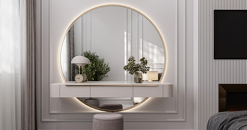 Mẫu bàn trang điểm treo tường đơn giản kết hợp gương tròn