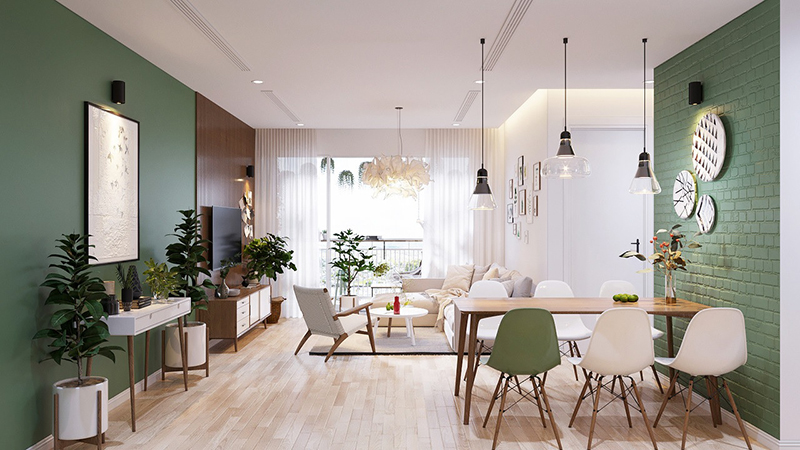 Các mảng tường xanh trắng cùng nội thất đơn giản khiến không gian mang đến cảm giác yên bình, nhẹ nhàng nhưng không kém phần thu hút