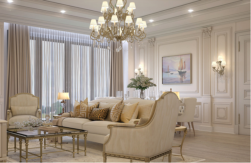 Không gian phòng cách rộng rãi với điểm nhấn là đèn chùm theo kiểu quý tộc, đẳng cấp