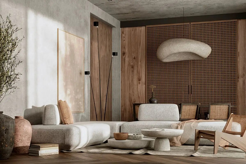 Mẫu thiết kế phòng khách theo phong cách Wabi Sabi với chất liệu gỗ tự nhiên làm chủ đạo