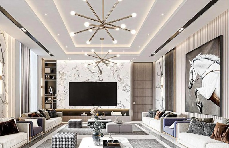Mẫu trần thạch cao dành cho villa hiện đại với tone màu trắng nhã nhặn