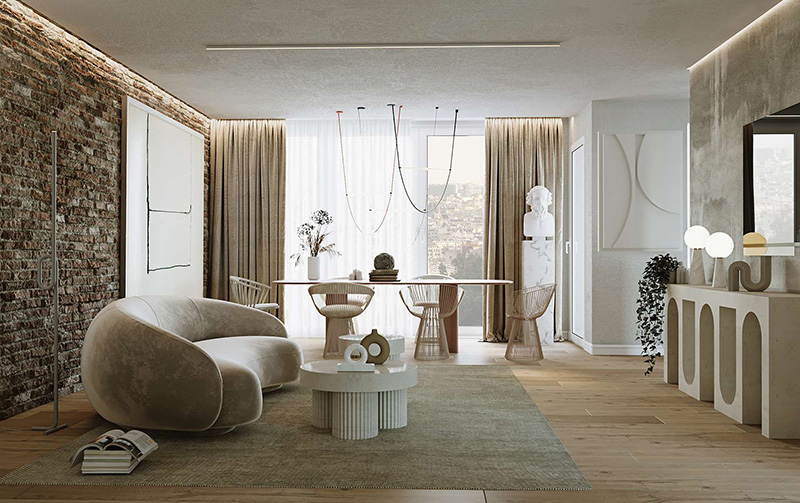 Mẫu thiết kế phòng khách này mang đậm phong cách nội thất Bauhaus. Điều này được thể hiện qua các gam màu đơn sắc, đồ nội thất trơn, không có chi tiết cách điệu hay hoa văn cầu kỳ 
