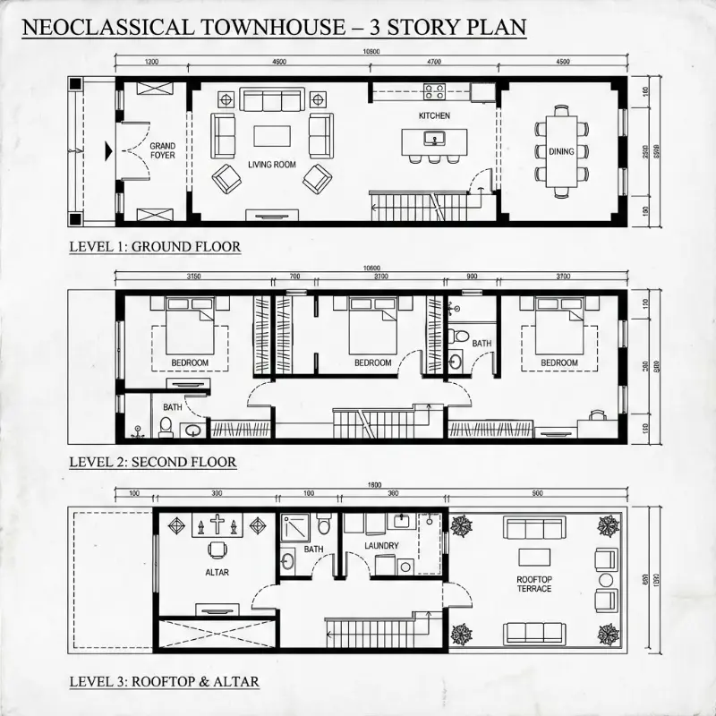 Bản vẽ thiết kế biệt thự tân cổ điển 3 tầng