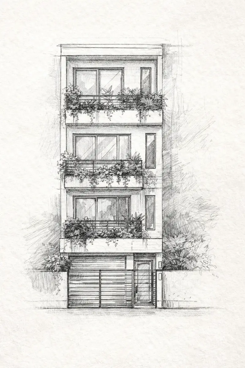 Bản vẽ phác họa nhà phố 3 tầng mặt tiền 5m