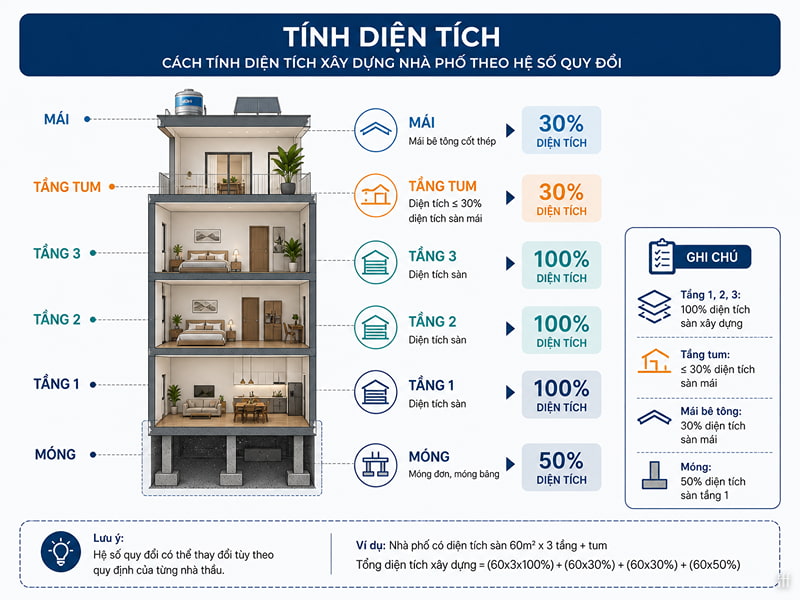 Cách tính diện tích xây dựng nhà phố dựa trên hệ số móng, mái và tum.