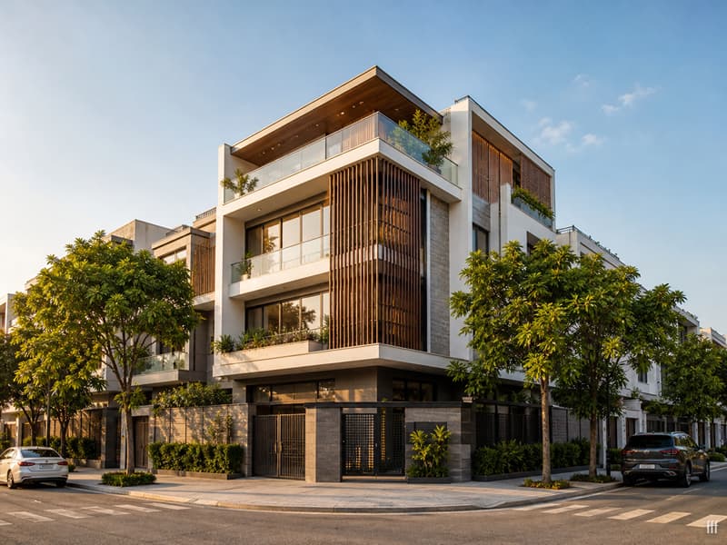 Mẫu nhà phố 2 mặt tiền hiện đại mang lại vẻ đẹp kiến trúc ấn tượng và không gian sống thoáng đãng cho gia chủ.