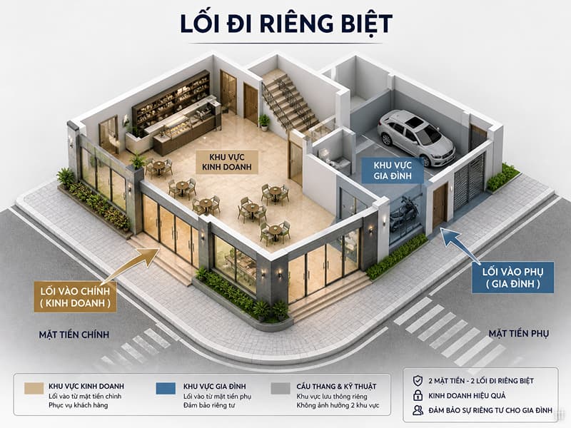 Phân luồng giao thông thông minh giúp tách biệt không gian kinh doanh và đảm bảo sự riêng tư cho gia đình.