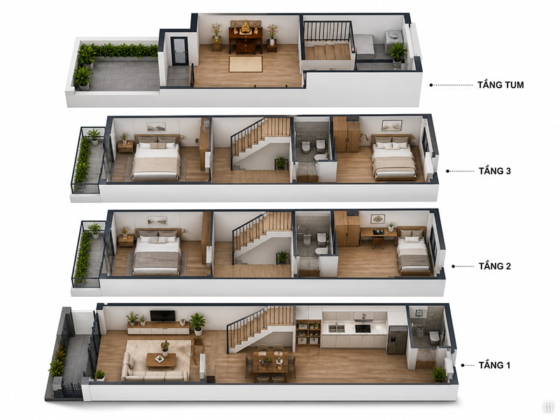 Phối cảnh 3D mặt bằng nhà phố, giúp đón sáng và thông gió tự nhiên.
