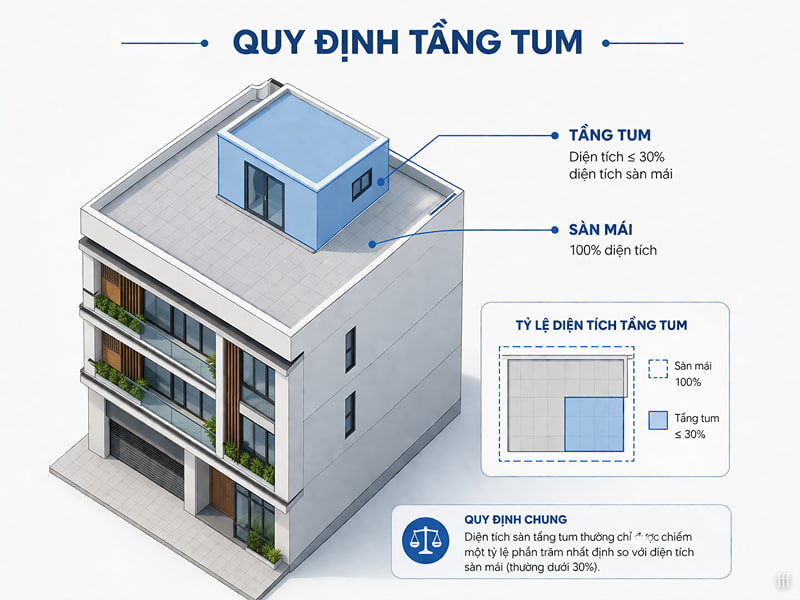Quy định tầng tum diện tích dưới 30% sàn mái, cao không quá 3m.