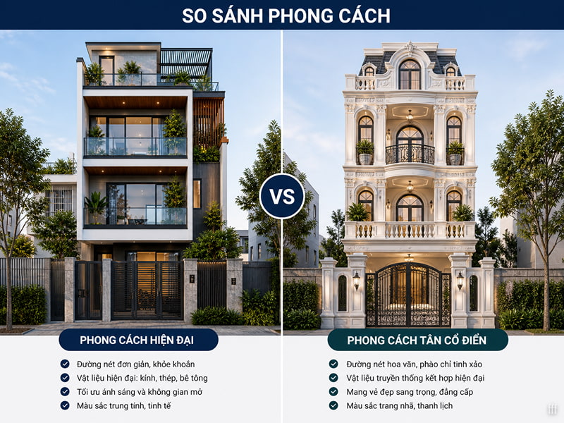 So sánh phong cách hiện đại và tân cổ điển cho nhà ống 3 tầng 1 tum.