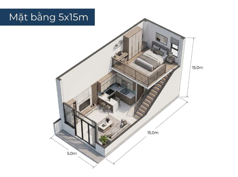 Gợi ý bố trí mặt bằng mẫu nhà phố 2 tầng có gác lửng diện tích 5x15m.