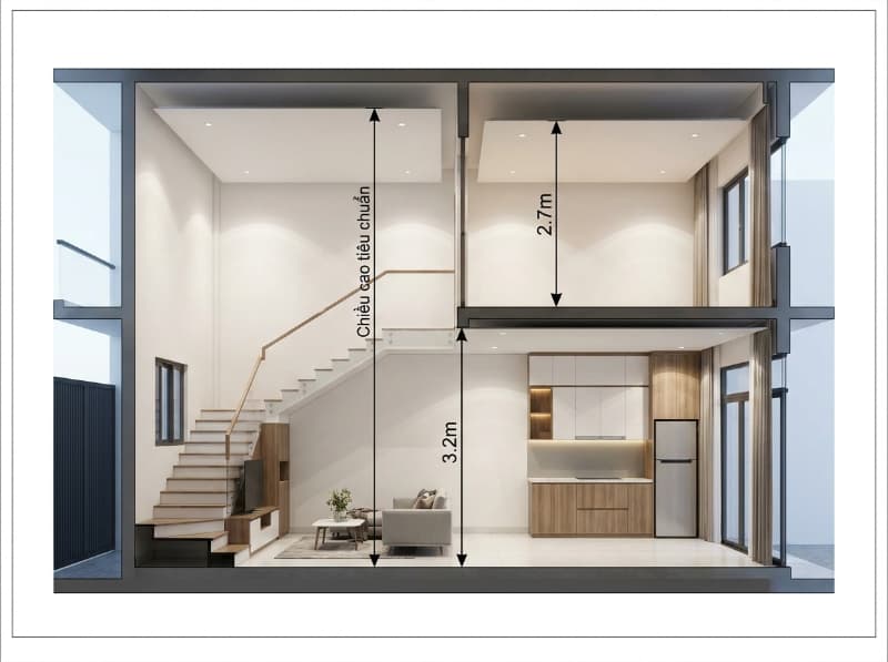 Kích thước chiều cao tiêu chuẩn cho mẫu nhà phố 2 tầng có gác lửng đúng luật.