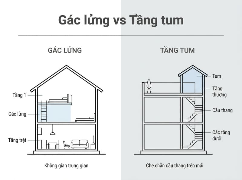 Mô hình phân biệt cấu trúc gác lửng và tầng tum trong xây dựng dân dụng.