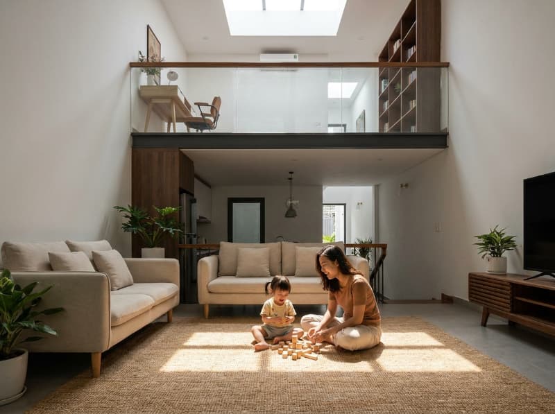 Thiết kế thông tầng của mẫu nhà phố 2 tầng có gác lửng giúp tối ưu ánh sáng.