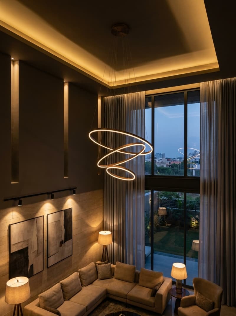 Hệ thống chiếu sáng đa lớp giúp phân bổ nguồn sáng hợp lý, tạo chiều sâu cho thiết kế phòng khách biệt thự thông tầng.