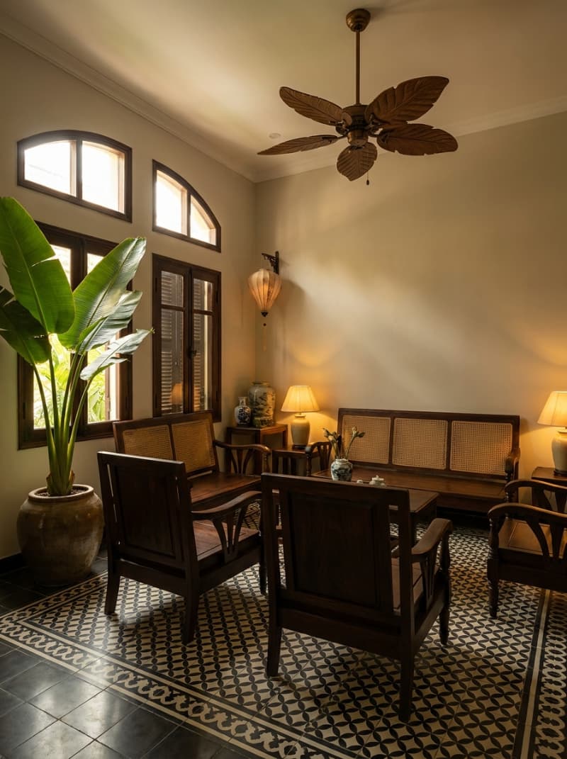 Nét hoài cổ Đông Dương kết hợp lãng mạn Pháp tạo nên không gian phòng khách Indochine ấm áp, thư thái và độc bản.