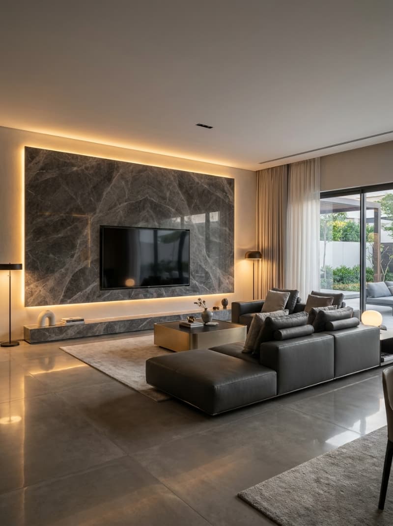 Phong cách Modern Luxury thu hút nhờ sự kết hợp tinh tế giữa vách đá tự nhiên, kim loại mạ PVD và sofa da cao cấp.