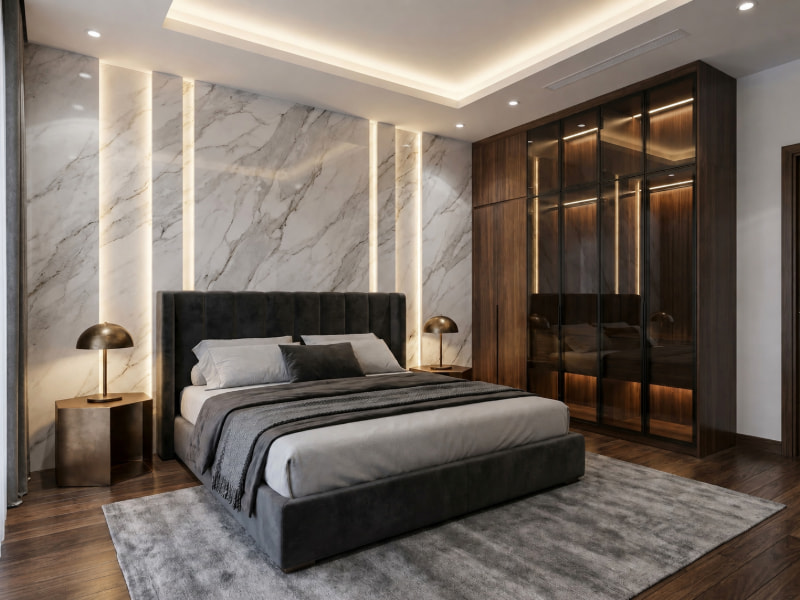 Phòng ngủ biệt thự modern luxury tinh tế nhờ phối hợp vách đá tự nhiên, gỗ trầm và ánh sáng hắt ấm áp.