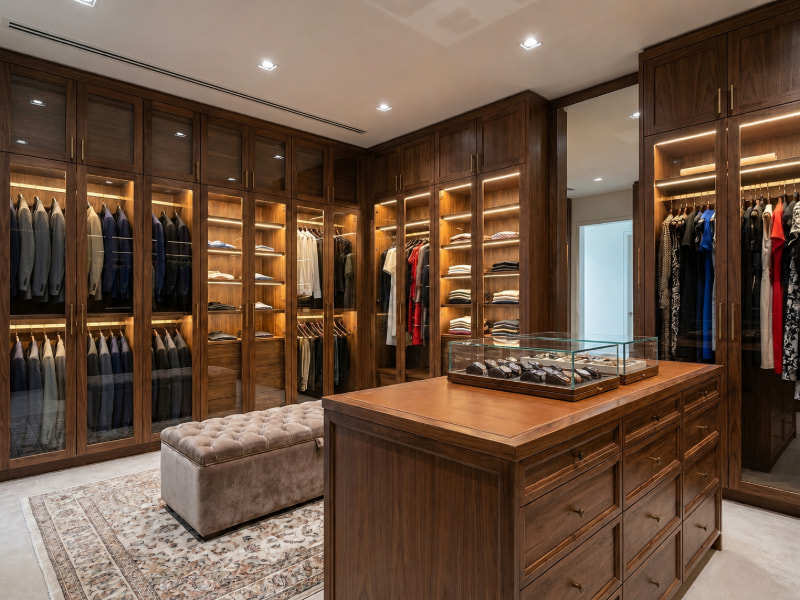 Phòng thay đồ walk-in closet cao cấp với tủ kính tích hợp đèn LED, tối ưu không gian lưu trữ cho biệt thự.