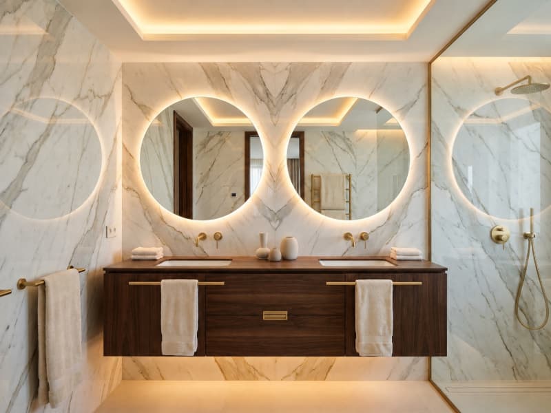 Thiết kế lavabo đôi kèm mặt bàn rộng mang đến sự tiện nghi cho hai người dùng trong phòng tắm master.