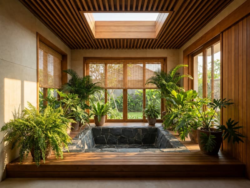 Thiết kế phòng tắm biệt thự tích hợp giếng trời và cây xanh, mang lại trải nghiệm thư giãn như spa.
